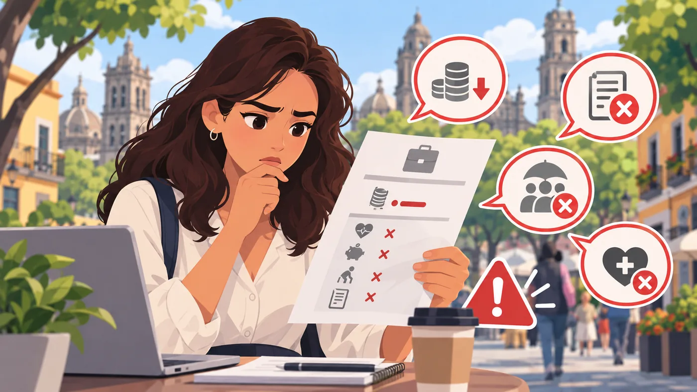 Persona revisando una oferta laboral con señales de alerta sobre salario y empresa