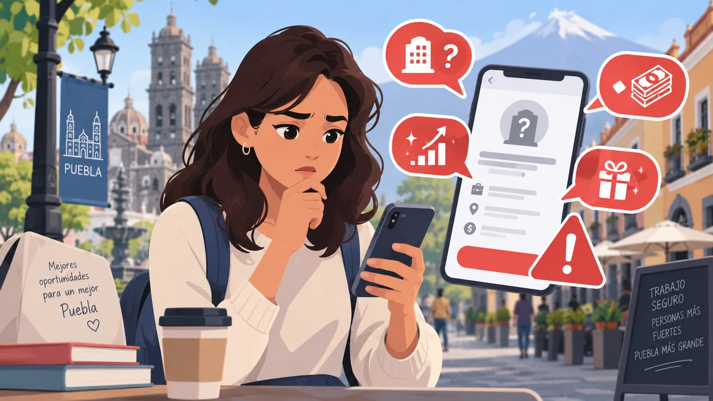 Persona revisando una oferta laboral sospechosa en Puebla desde su teléfono